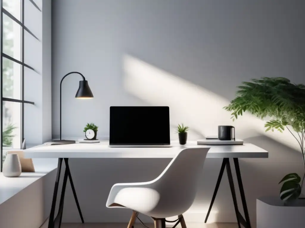 Espacio de trabajo minimalista y moderno Espacio de trabajo minimalista con escritorio blanco, laptop, notepad y pen - SEO en marketing de afiliados