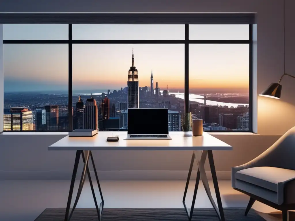Espacio de trabajo minimalista y moderno Imagen: Espacio de trabajo moderno con vista a la ciudad al atardecer, simbolizando éxito y estrategias exitosas de marketing de afiliados