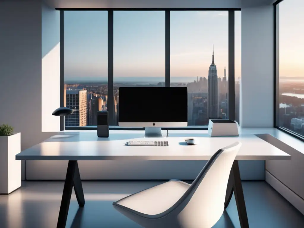 Espacio de trabajo moderno y minimalista Escritorio moderno y minimalista con vista panorámica de la ciudad - mejores programas de afiliados