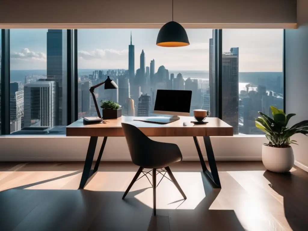 Trabajo moderno con vista a la ciudad Escritorio moderno con vista panorámica de la ciudad, reflejando estrategias de marketing de afiliados exitosas