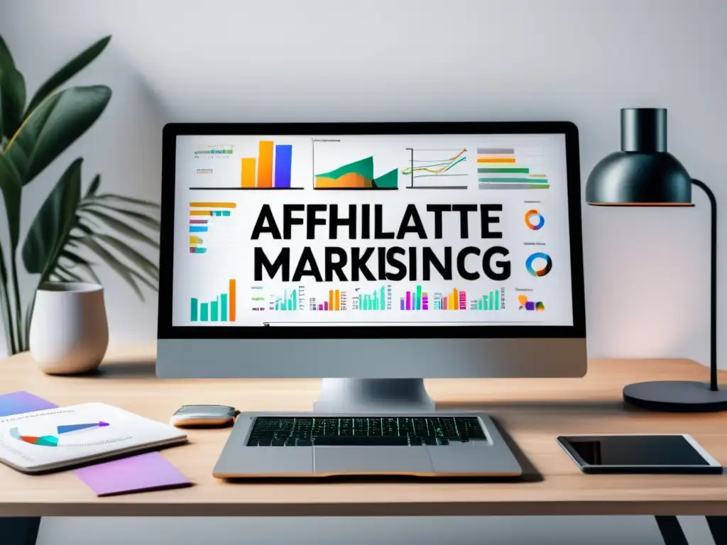 Espacio de trabajo minimalista y moderno Espacio de trabajo minimalista con escritorio de madera clara, laptop, gráfico de ingresos y estrategias avanzadas en marketing de afiliados