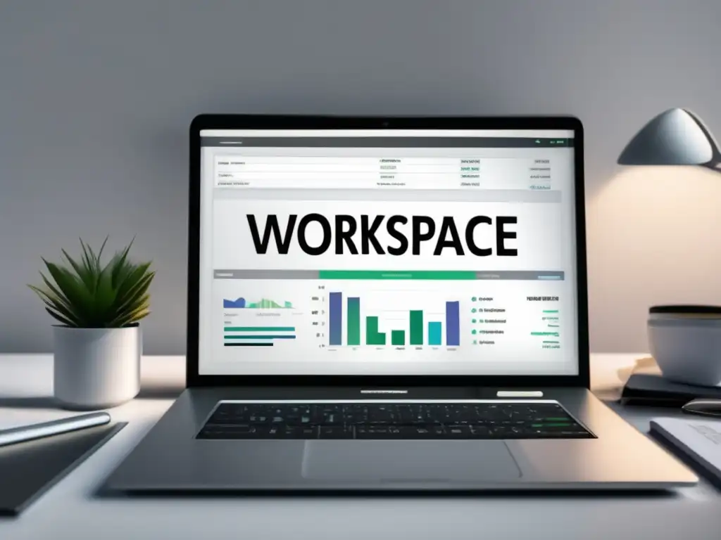 Espacio de trabajo moderno y minimalista Espacio de trabajo moderno con escritorio blanco, laptop, herramienta de análisis de palabras clave, notas y arte abstracto