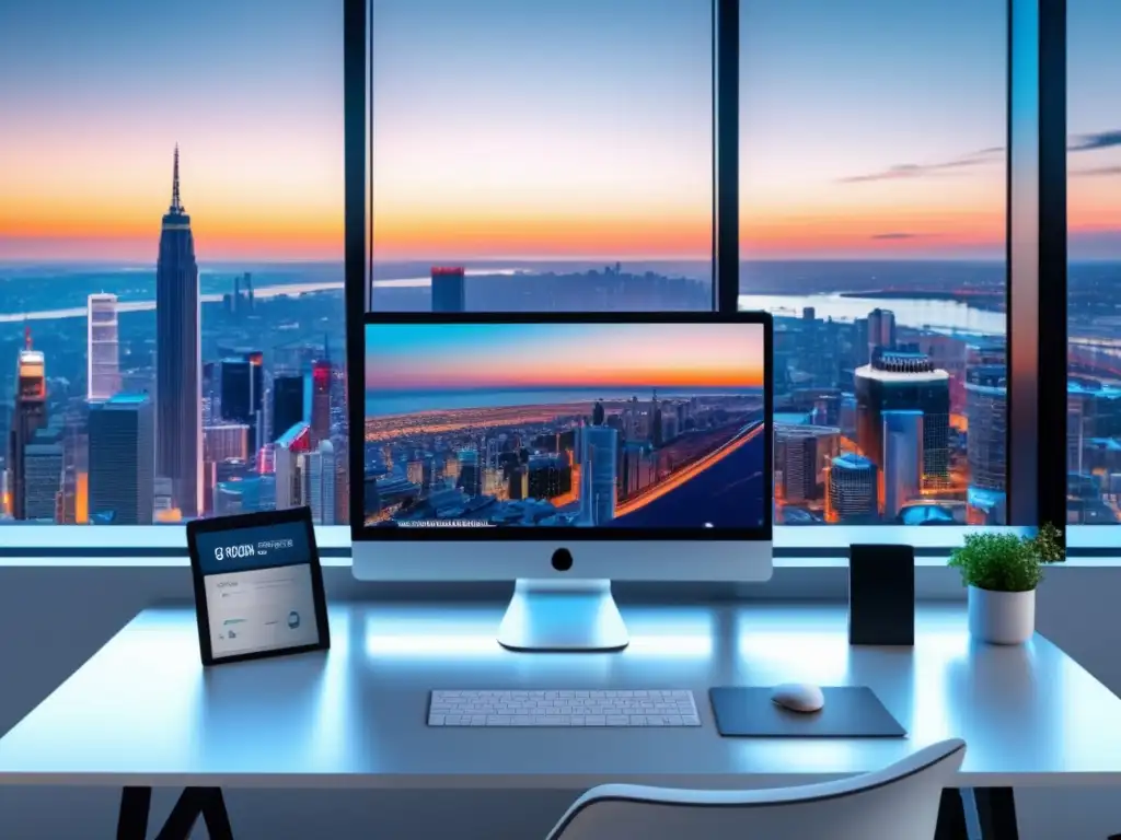 Espacio de trabajo minimalista y elegante Espacio de trabajo minimalista con monitor de afiliados y vista urbana: estrategias de optimización clave para el marketing de afiliados