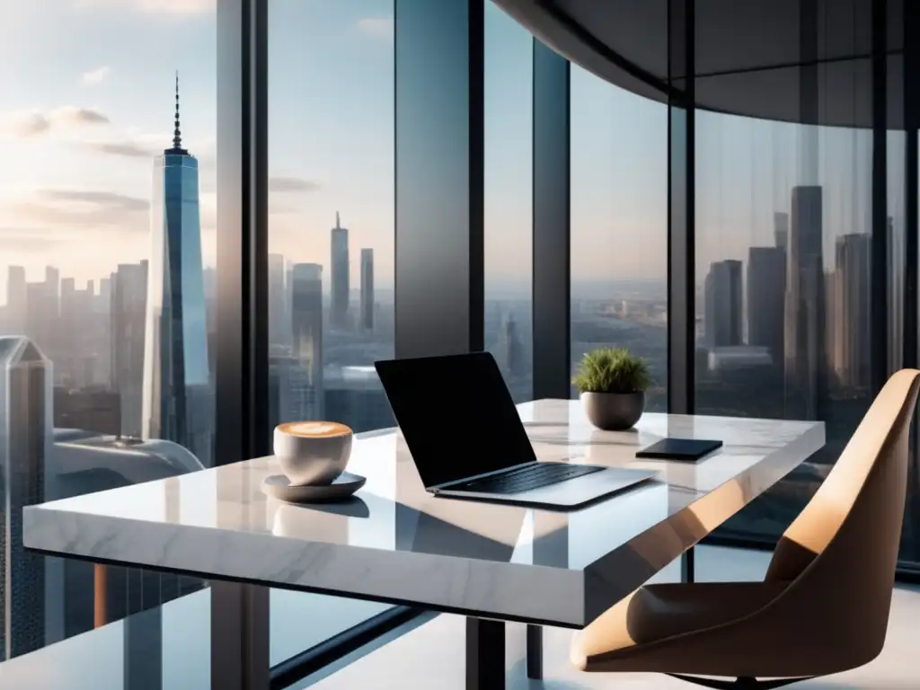 Espacio de trabajo moderno y minimalista con vista a la ciudad Espacio de trabajo moderno y minimalista, ideal para optimizar el contenido de marketing de afiliados