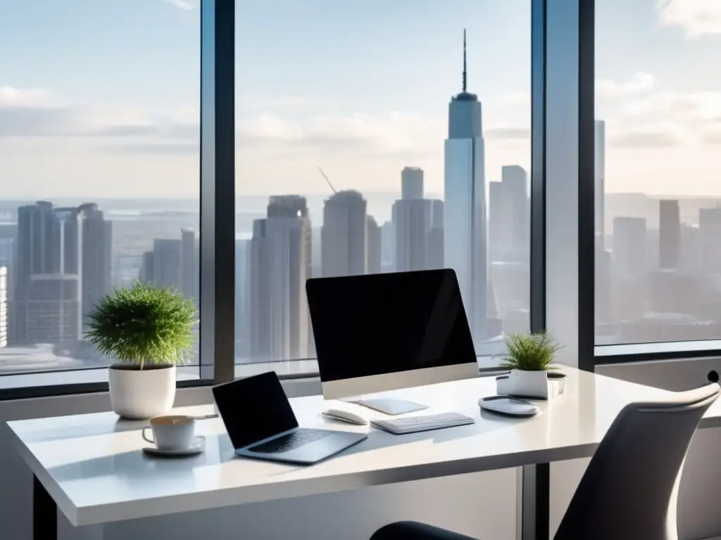 Espacio de trabajo moderno y minimalista con escritorio blanco, ventana panorámica y ambiente organizado