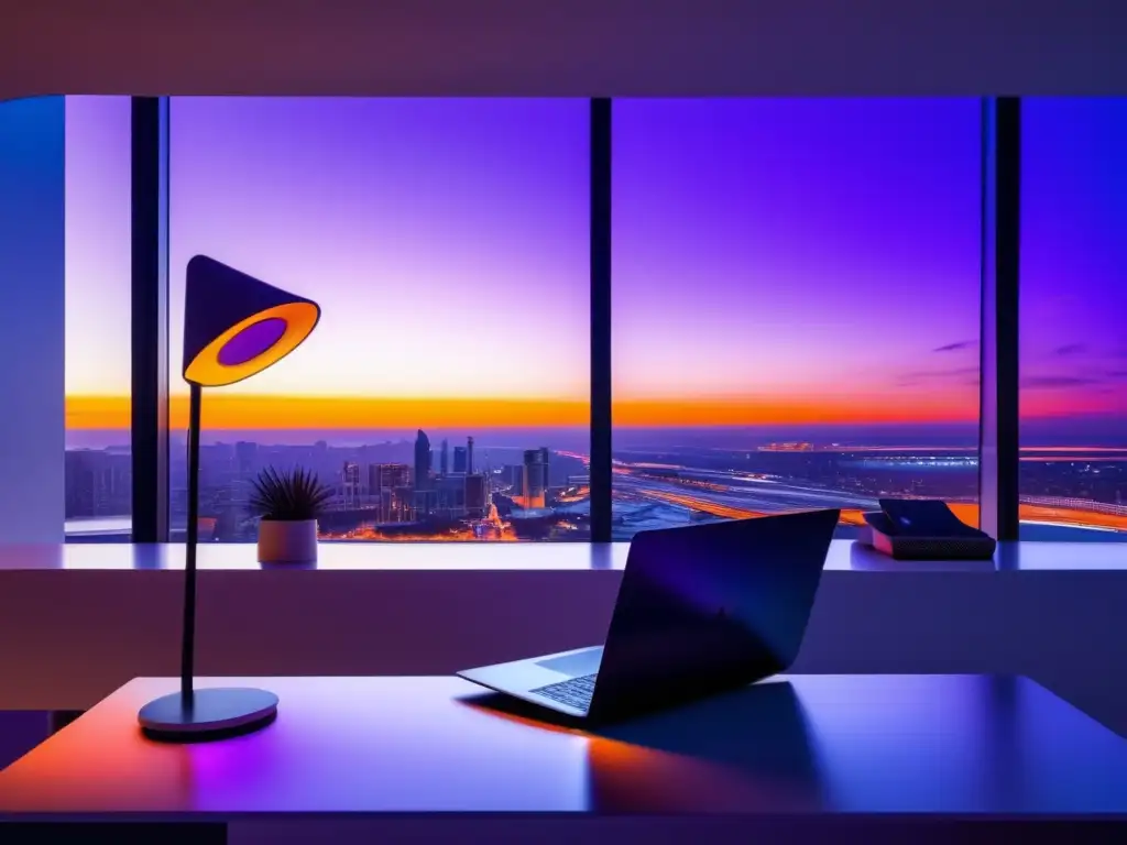 Espacio de trabajo moderno y minimalista Imagen de oficina moderna con vista a la ciudad al atardecer - herramientas SEO para marketing de afiliados