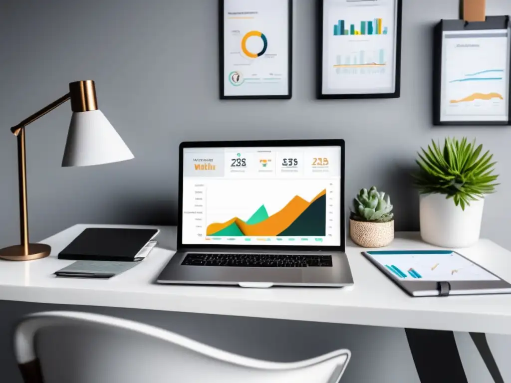 Espacio de trabajo minimalista y moderno Escritorio minimalista con laptop y dashboard de análisis