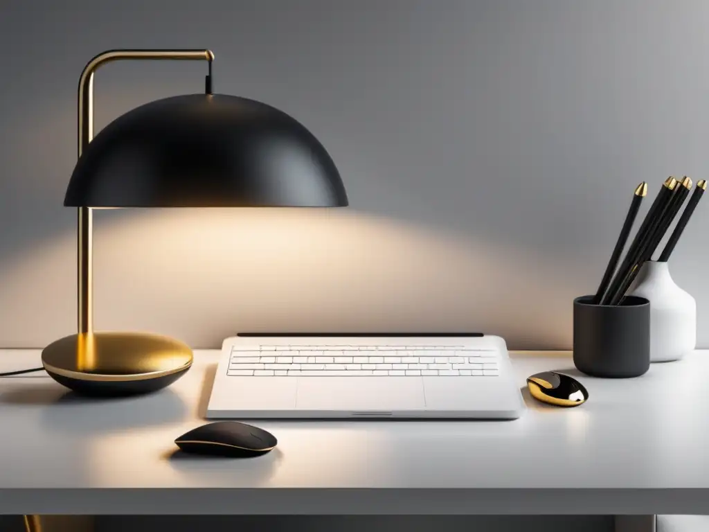 Espacio de trabajo minimalista y elegante Espacio trabajo minimalista con laptop, cuaderno y lámpara