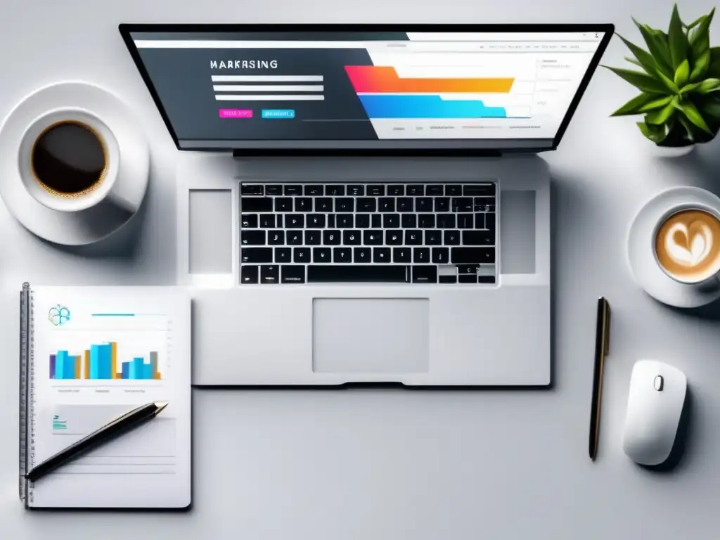 Espacio de trabajo moderno y minimalista Espacio de trabajo moderno con laptop, gráfico vibrante y herramientas de SEO para marketing de afiliados