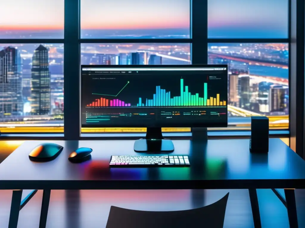 Espacio de trabajo moderno con vista panorámica de la ciudad Espacio de trabajo moderno con vista a la ciudad: análisis de datos en marketing de afiliados