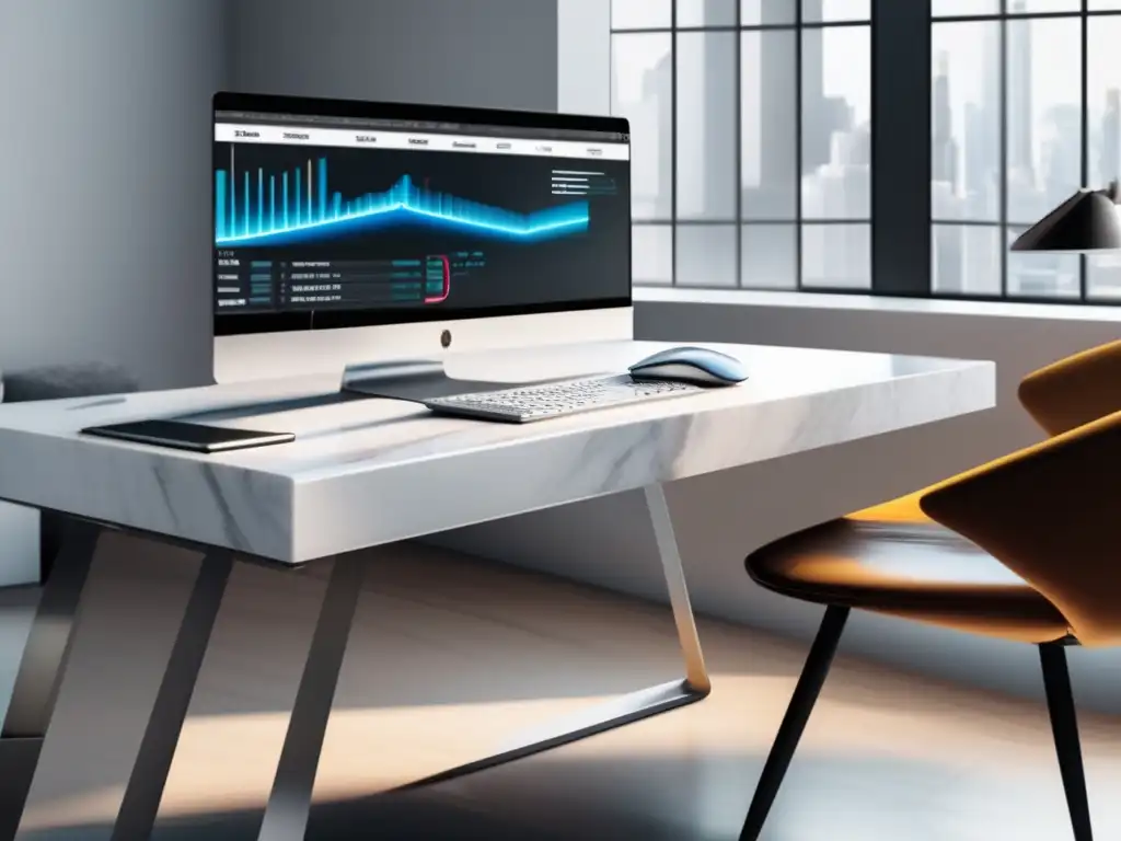 Espacio de trabajo moderno y minimalista Espacio de trabajo moderno con escritorio de mármol blanco, laptop, teclado y mouse inalámbricos y datos de investigación de mercado