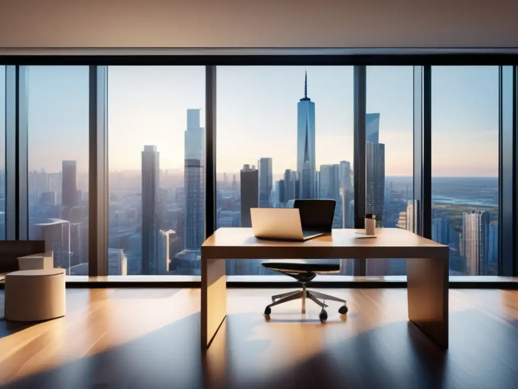 Elegante y moderno espacio de trabajo Espacio de trabajo moderno con escritorio de madera, laptop, notepad y vista impresionante de la ciudad