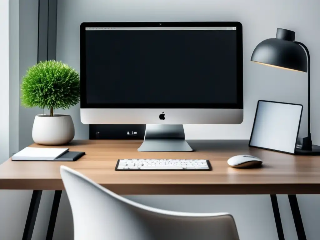 Espacio de trabajo minimalista Ejemplos éxito marketing afiliados: Espacio trabajo moderno, escritorio blanco, laptop, cuaderno, ratón inalámbrico, luz natural, arte minimalista