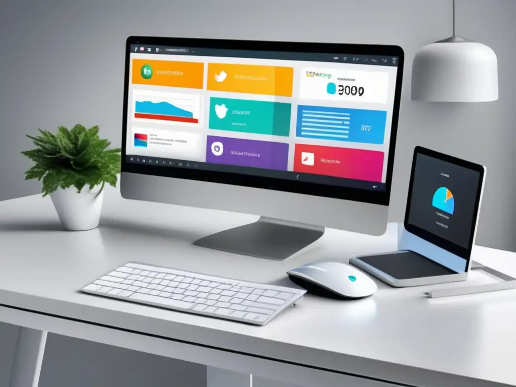 Escritorio moderno y minimalista con laptop y estación de trabajo limpia Espacio de trabajo moderno con herramientas de redes sociales para marketing de afiliados