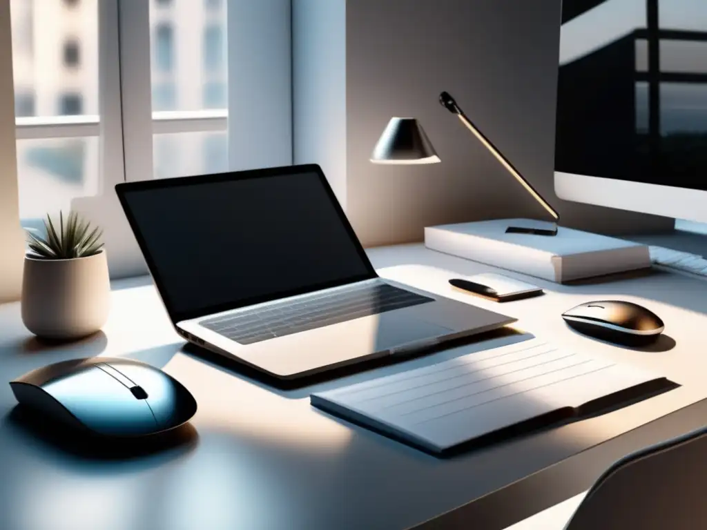 Espacio de trabajo moderno y minimalista Workspace moderno y minimalista con laptop, herramientas de diseño y vista de ciudad