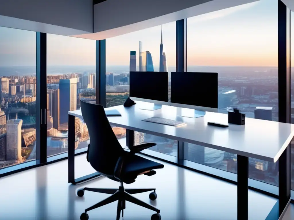 Espacio de trabajo minimalista con vista panorámica Espacio de trabajo moderno con vista panorámica de la ciudad y herramientas de marketing de afiliados
