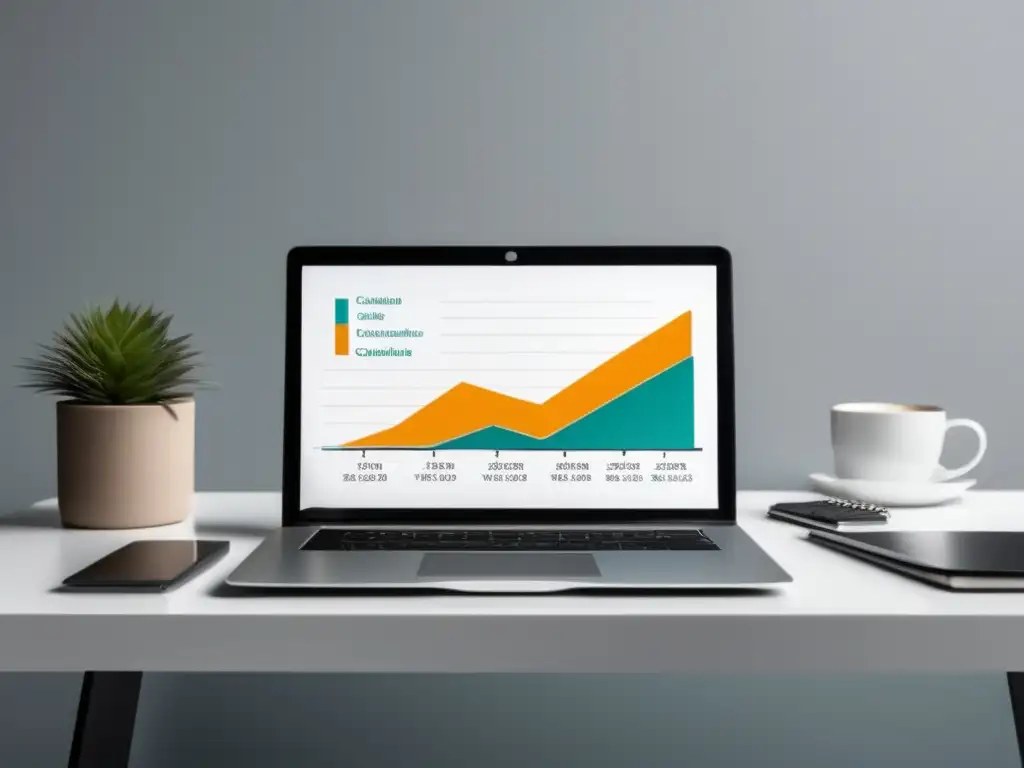 Espacio de trabajo moderno con laptop y gráfico de crecimiento Espacio de trabajo moderno con escritorio blanco, laptop y libros, ilustrando el impacto del SEO y marketing de afiliados