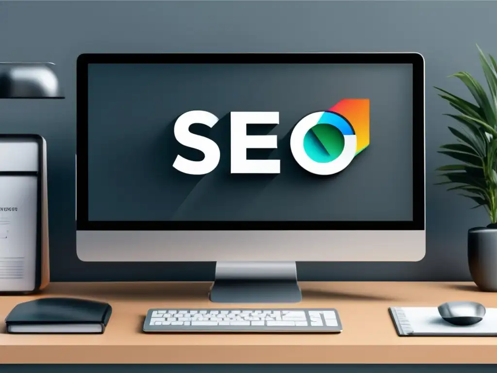 Escritorio SEO eficiente y profesional Imagen 8k detallada con diseño minimalista y herramientas SEO para marketing de afiliados