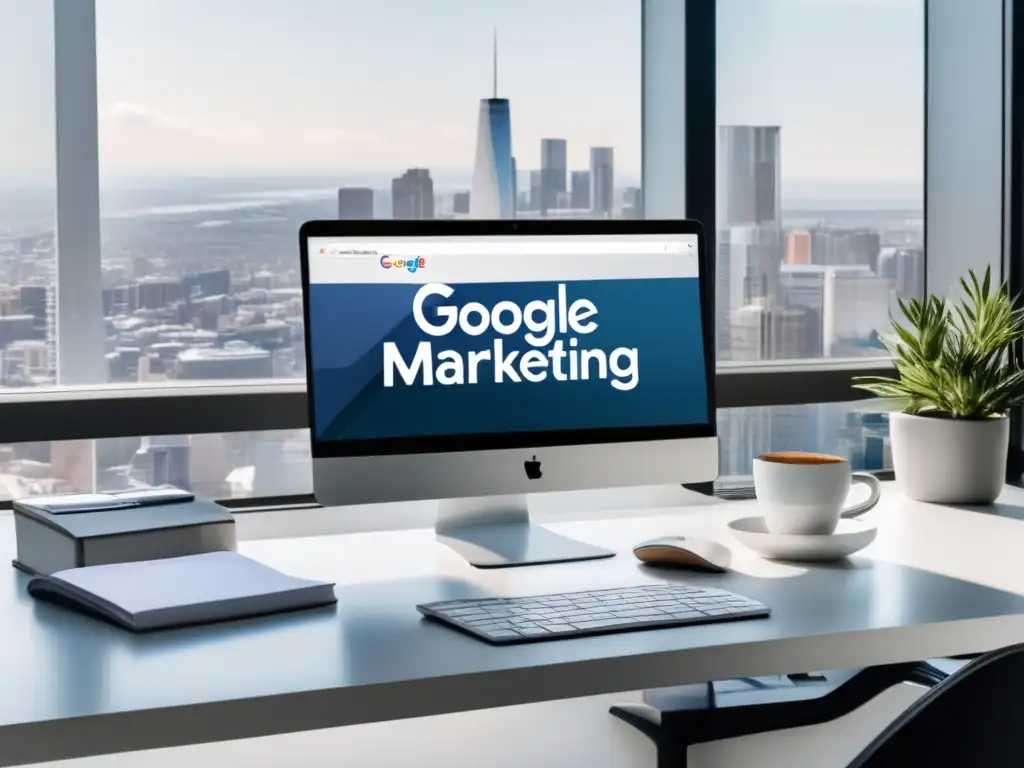 Espacio de trabajo minimalista y profesional Espacio de trabajo minimalista con escritorio blanco, monitor de alta resolución mostrando el logo de certificación de Google Ads, notas manuscritas sobre estrategias de marketing de afiliados, café y libros esenciales de marketing