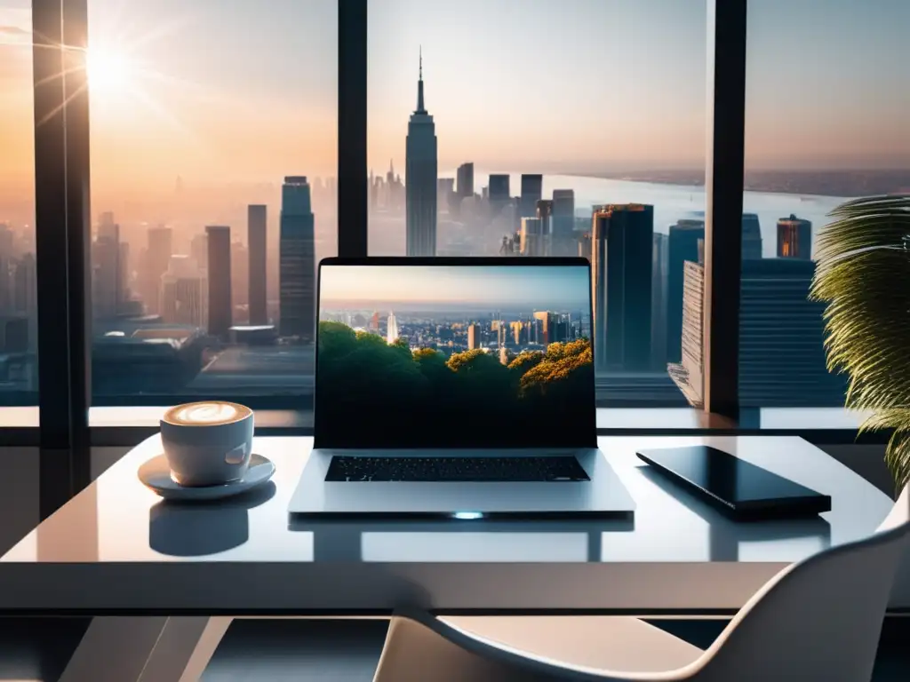 Espacio de trabajo minimalista con vista a la ciudad Imagen de oficina minimalista con escritorio blanco, ventana panorámica y vista a la ciudad - Estrategias clave de marketing de afiliados