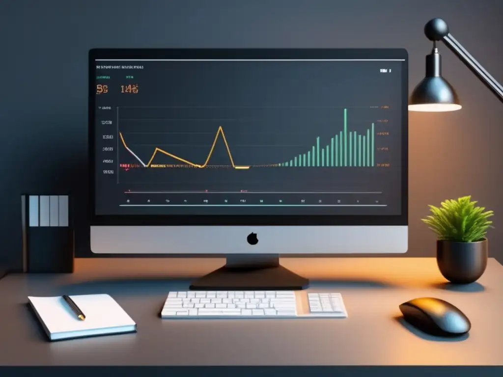 Espacio de trabajo minimalista y eficaz Espacio de trabajo minimalista y elegante con computadora moderna y gráfica de A/B testing, estrategias de marketing de afiliados