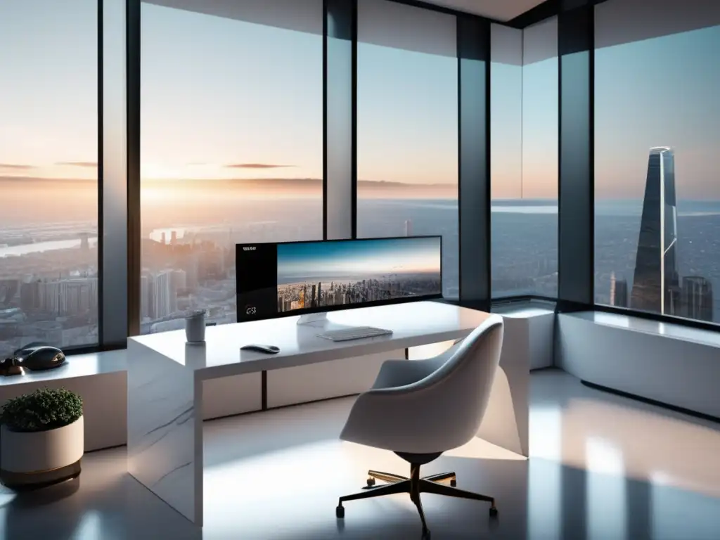 Espaciosa oficina minimalista con vista a la ciudad Escritorio minimalista con herramientas para optimizar conversiones en marketing de afiliados
