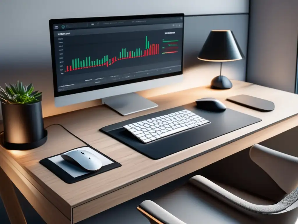 Espacio de trabajo minimalista y sofisticado Espacio de trabajo moderno con escritorio de roble blanco, laptop plateada, monitor de alta resolución y herramientas de afiliados