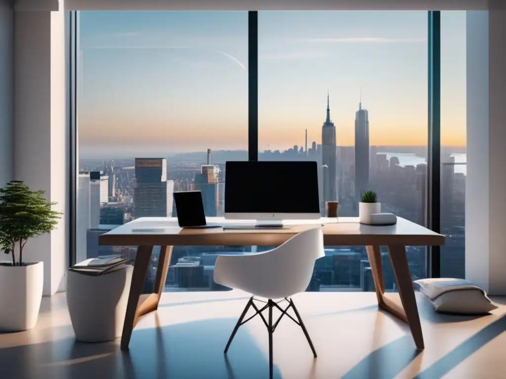 Espacio de trabajo minimalista con vista a la ciudad Espacio de trabajo minimalista con escritorio blanco, ventana panorámica y elementos para marketing de afiliados