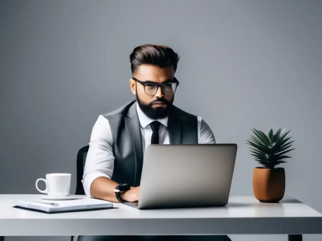Estratega de marketing digital analizando datos Estratega SEO enfocado en marketing de afiliados en un escritorio moderno y minimalista, analizando datos de investigación de palabras clave