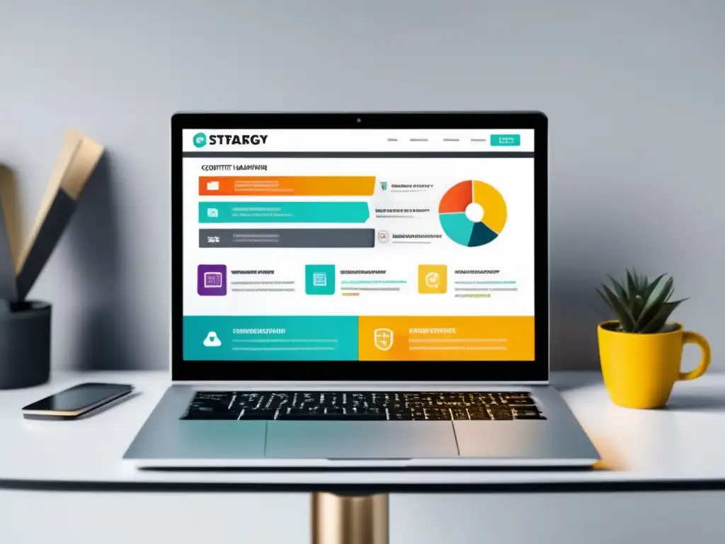 Laptop en escritorio con estrategia de marketing de afiliados Laptop moderno en escritorio blanco, estrategias de contenido para el marketing de afiliados