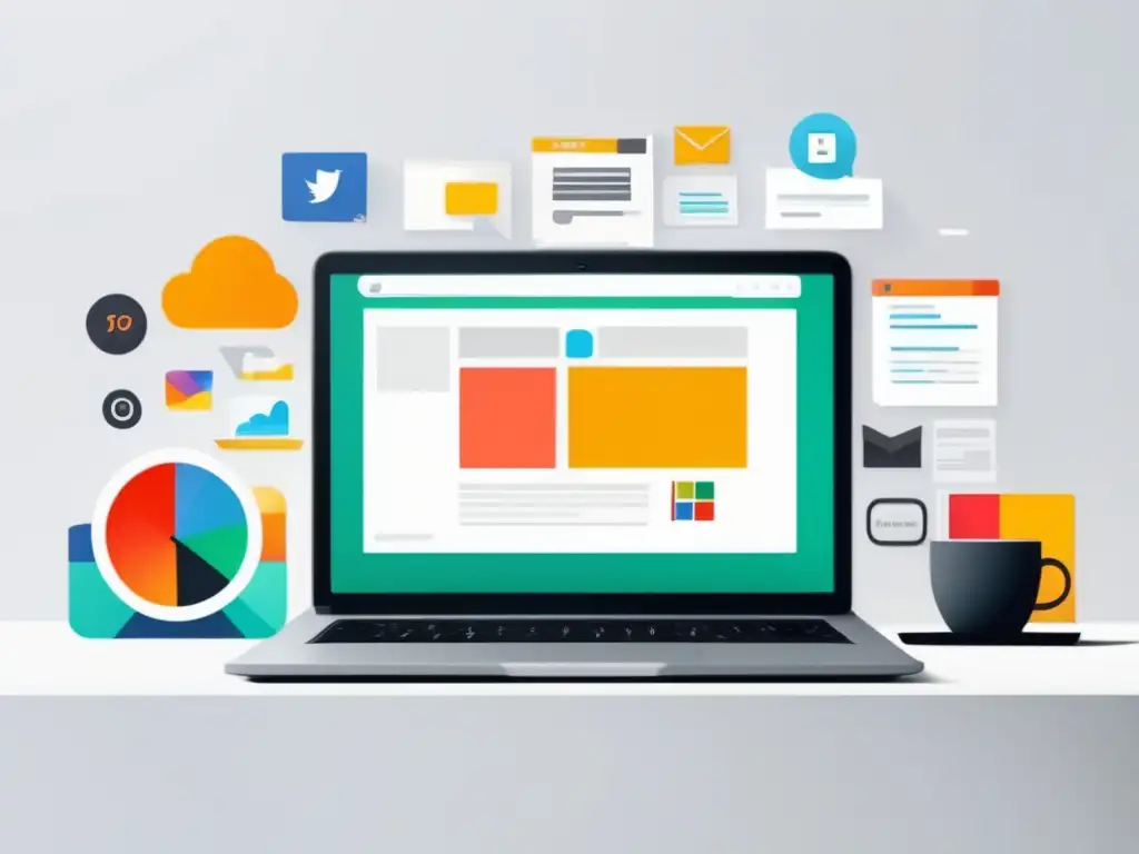 Estrategia de contenido afiliado Laptop moderno con pantalla en blanco en escritorio blanco
