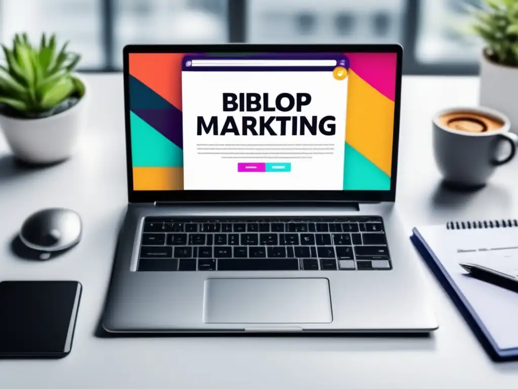 Laptop moderno en escritorio blanco con diseño web atractivo Laptop en escritorio blanco con diseño web atractivo y estrategia efectiva de marketing de afiliados