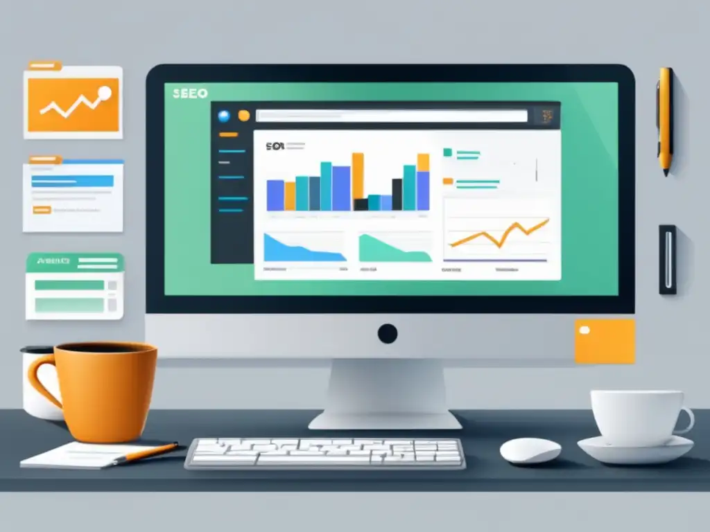 Estrategia de contenido SEO Ilustración SEO contenido estrategia marketing afiliados: Escritorio minimalista, monitor con dashboard, skyline, colores modernos