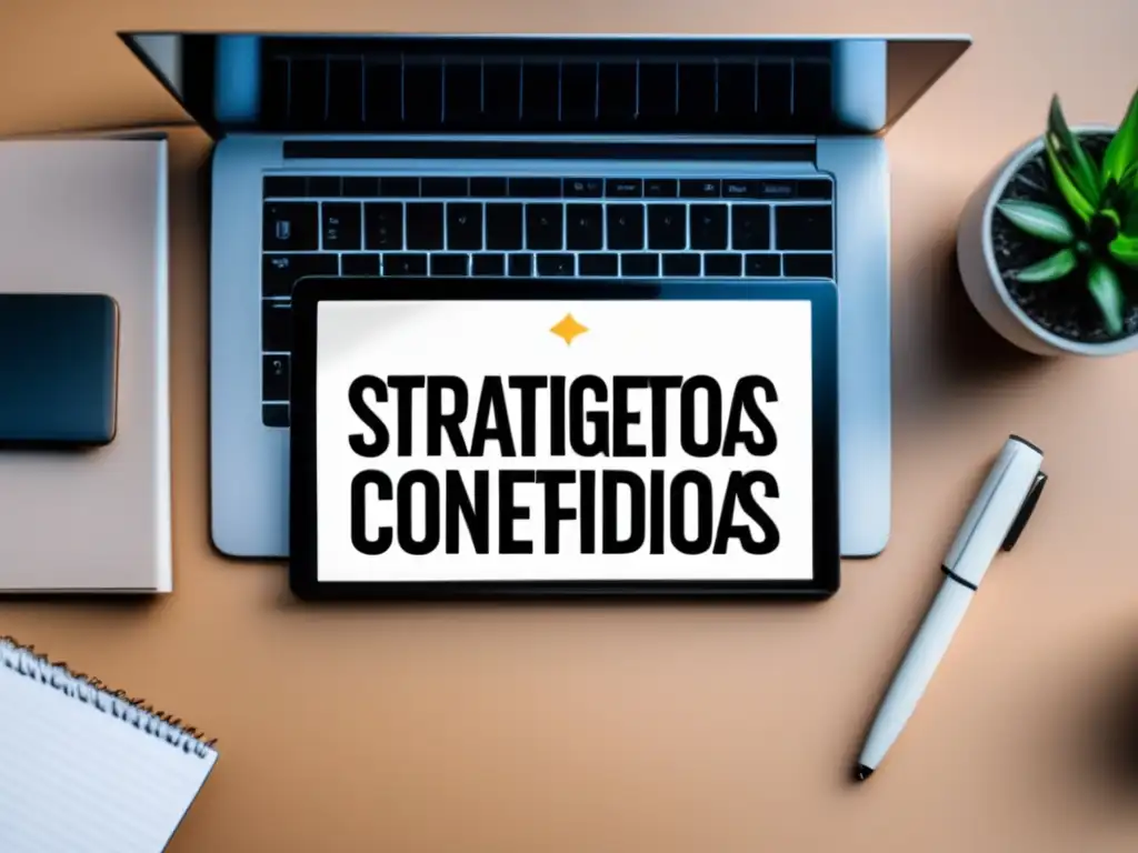 Dominando el marketing de afiliados con estrategias de contenido Oficina minimalista con escritorio blanco y laptop, estrategias de contenido efectivas para dominar marketing de afiliados