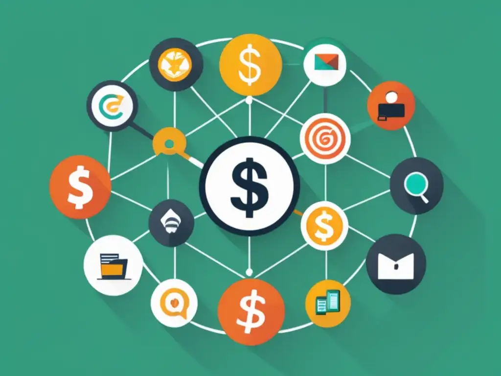Estrategias de marketing de afiliación interconectadas Estrategias de marketing de afiliados de éxito con iconos interconectados en una imagen minimalista y moderna