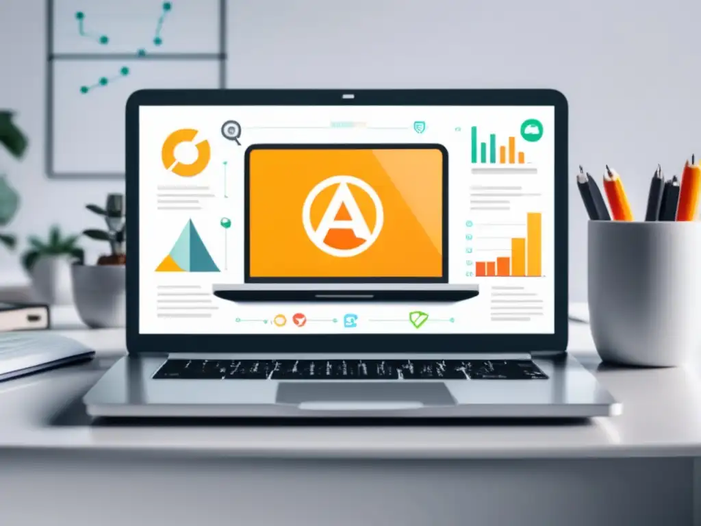 Laptop y símbolos de marketing de afiliados Laptop en escritorio blanco con íconos de marketing de afiliados, gráfico de tendencia ascendente y símbolos representativos