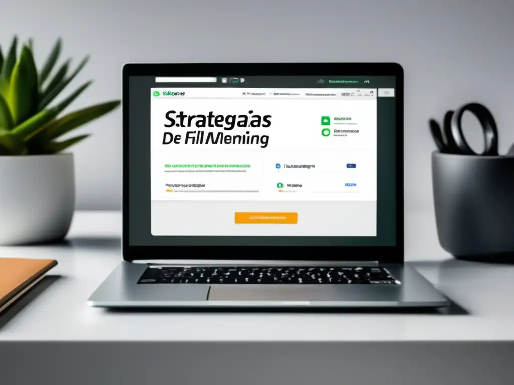 Importancia del SEO en marketing de afiliados Laptop moderno en escritorio blanco, con SERP destacando las estrategias de SEO para marketing de afiliados