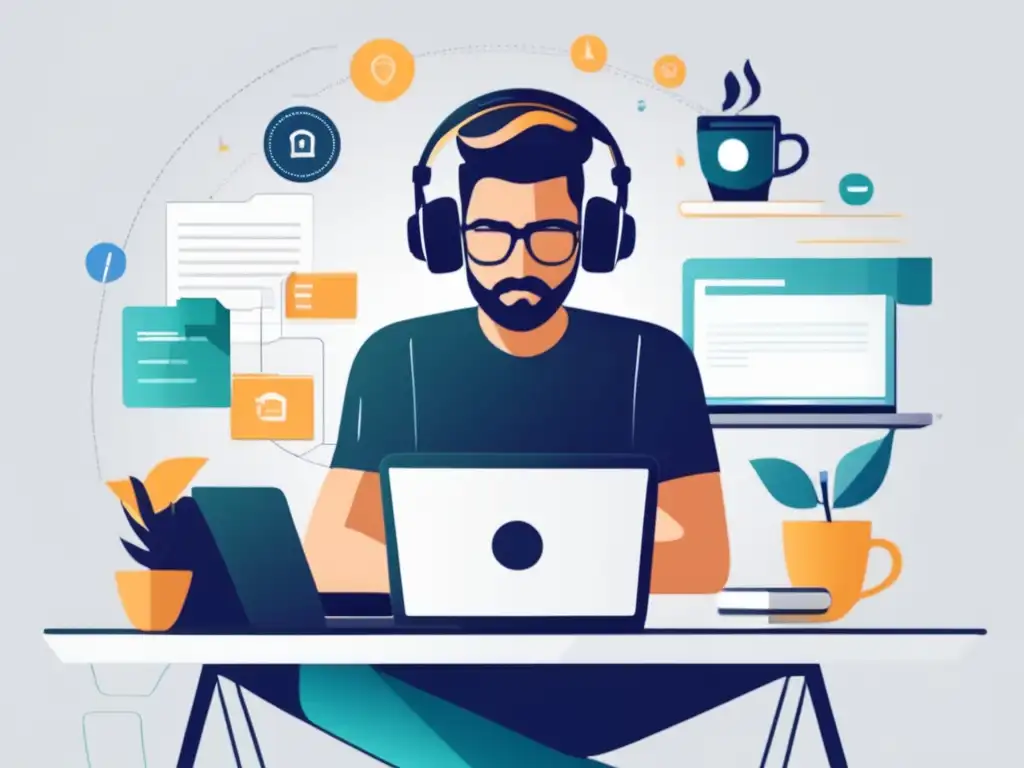 Estudio de afiliados en escritorio moderno Persona enfocada en escritorio moderno rodeada de recursos de formación online en marketing de afiliados