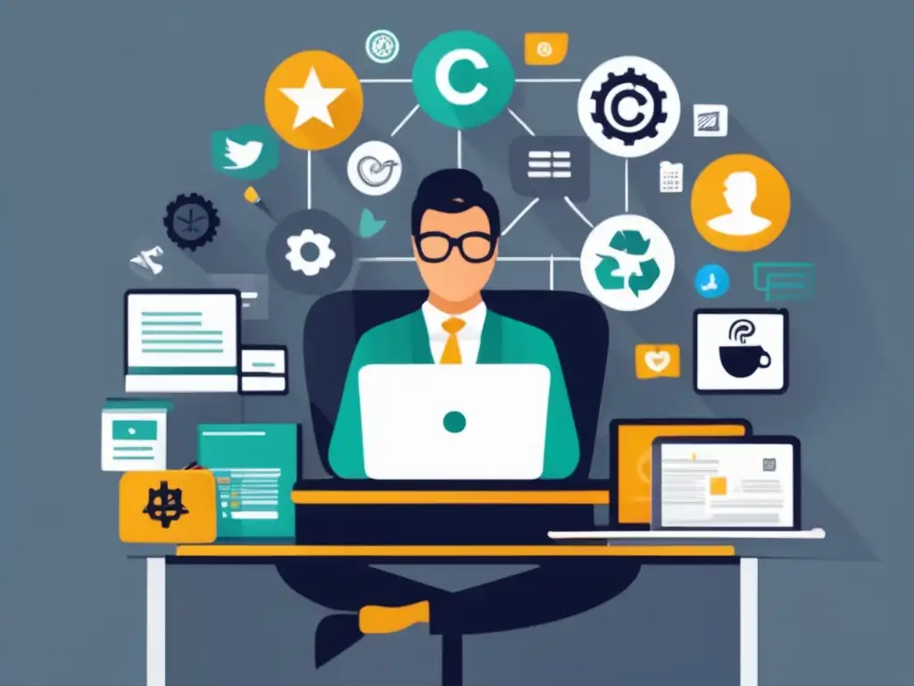 Ética en el marketing de afiliados Persona en escritorio con símbolos éticos mostrando principios éticos en marketing de afiliados