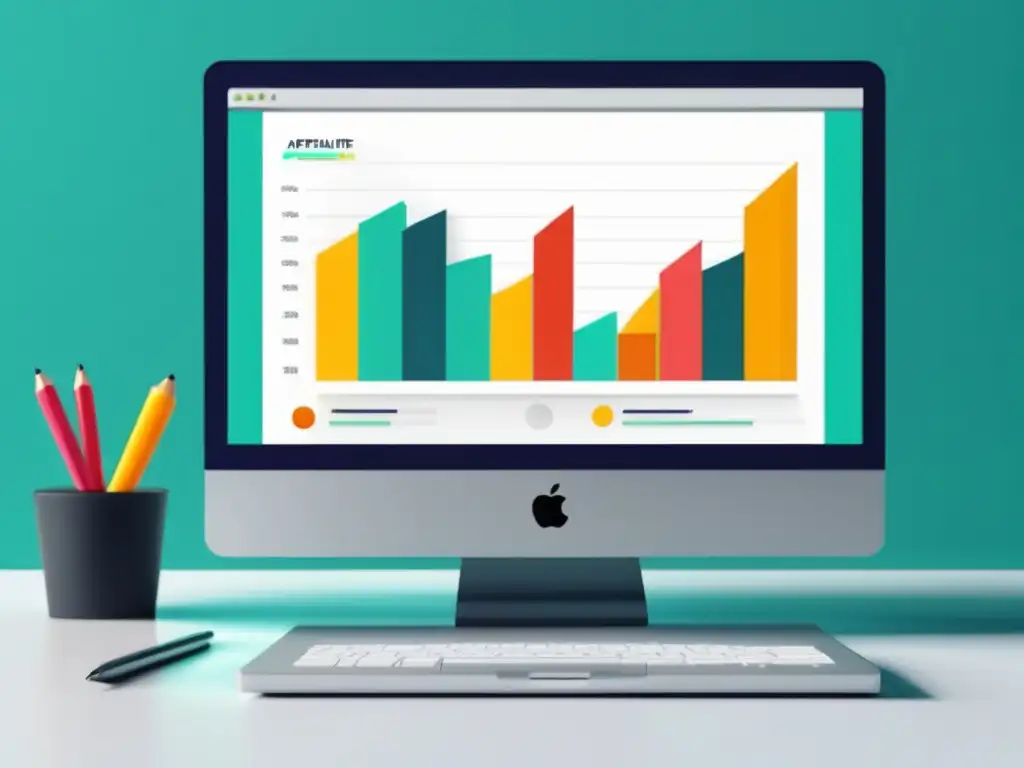 Laptop minimalista muestra gráfica de éxito en el marketing de afiliados Laptop moderno y limpio con gráfico atractivo que muestra el éxito del marketing de afiliados con prácticas éticas