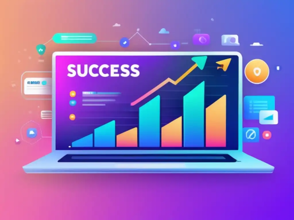Ilustración moderna de laptop con gráfico de crecimiento y estrategias avanzadas de afiliados -