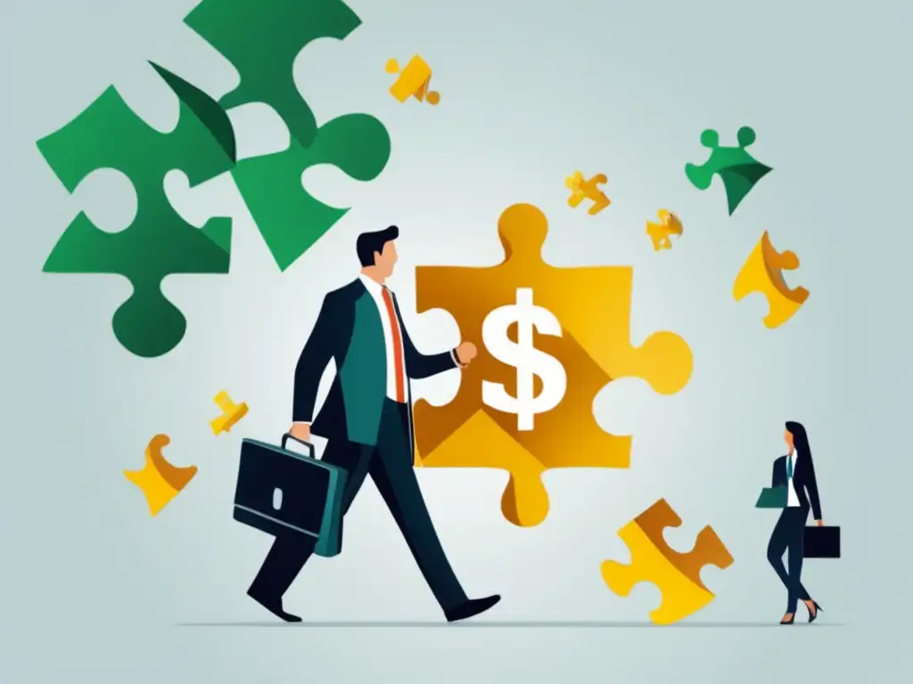 Éxito financiero en marketing de afiliados Ilustración de éxito en marketing de afiliados: persona de negocios con maletín, puzzle de estrategias y gráfico de crecimiento
