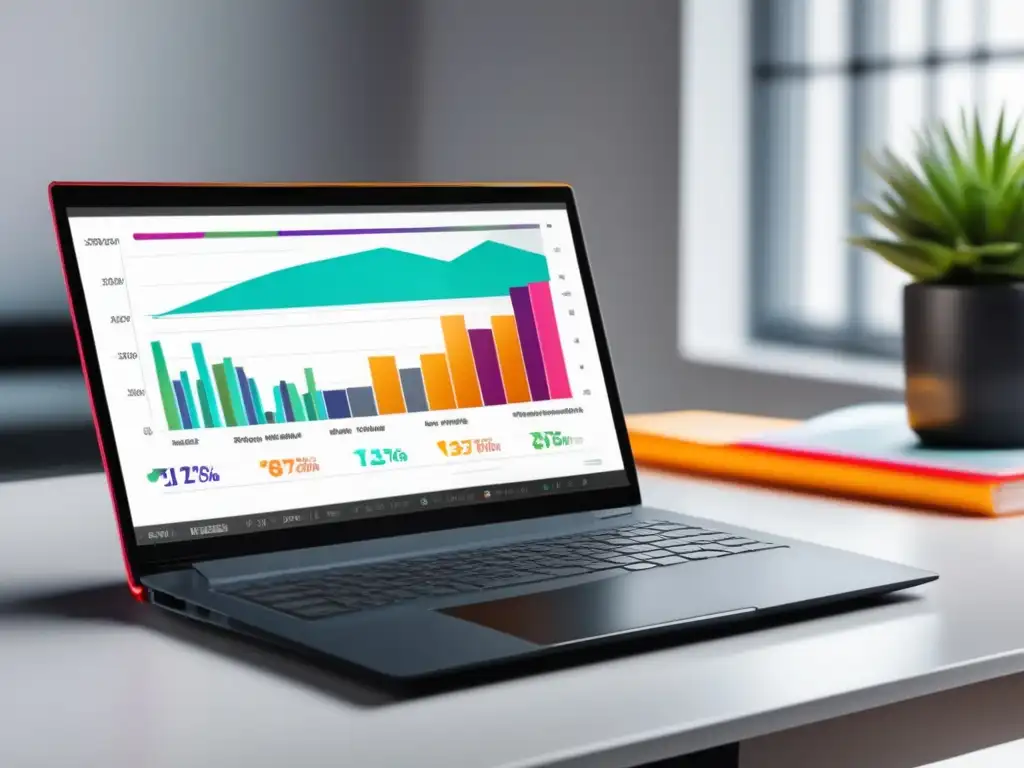 Laptop moderno con gráfico de crecimiento en marketing de afiliados Laptop en escritorio con gráfica de crecimiento en marketing afiliado y elementos de oficina