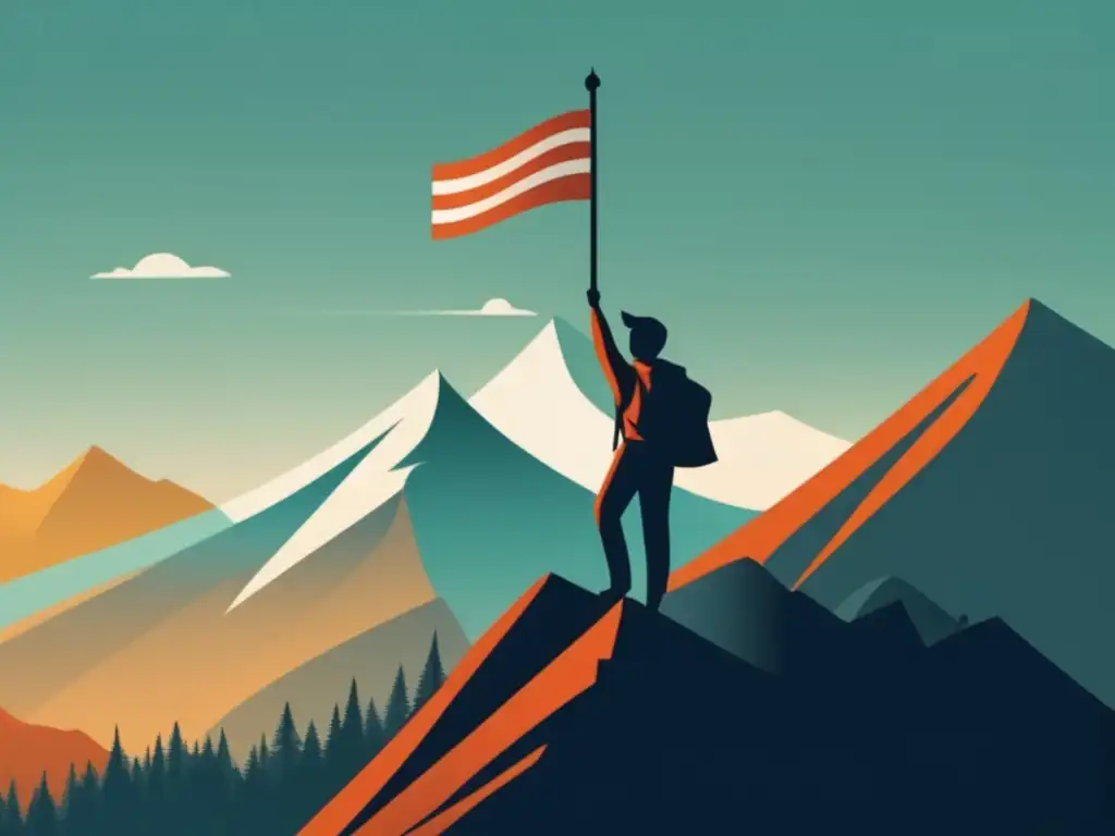 Triunfo en la optimización de conversiones Éxito en marketing de afiliados: persona triunfante en montaña con bandera