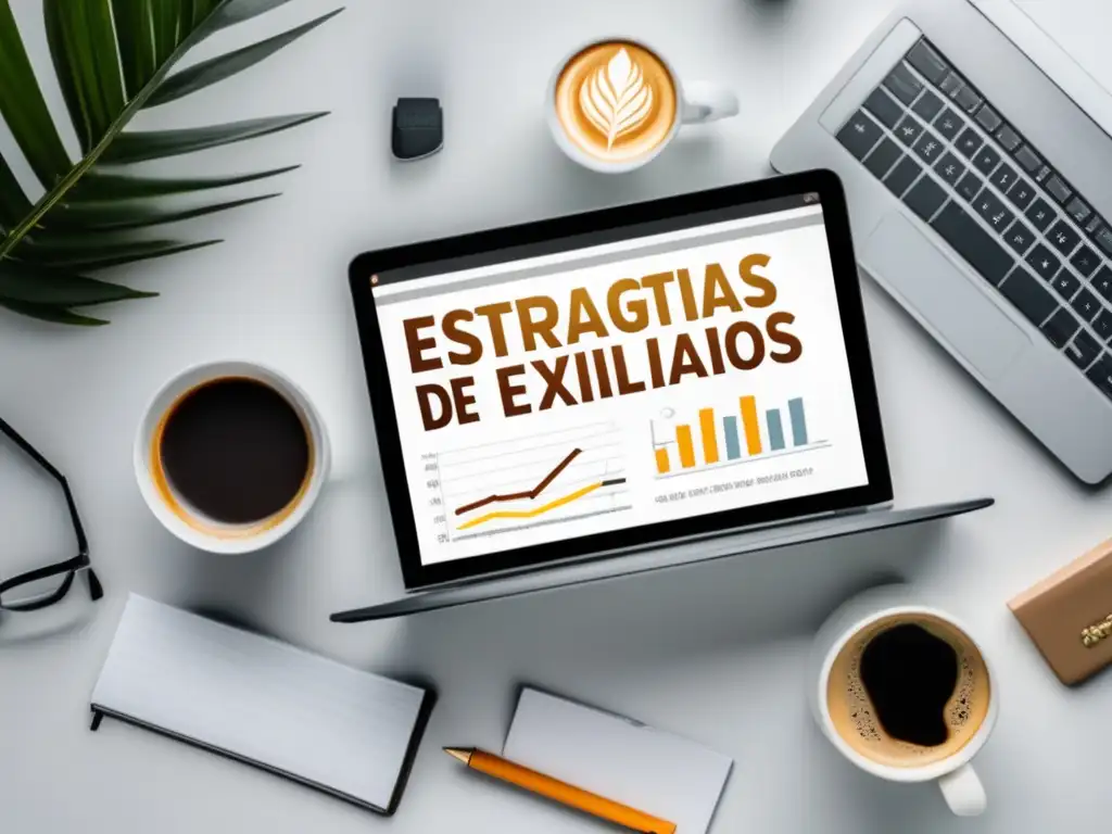 Laptop y gráfico de éxito en escritorio Laptop moderno en escritorio blanco con gráfico de éxito en estrategia de marketing de afiliados
