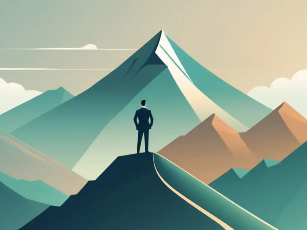Empresario exitoso en la cima Hombre de negocios en la cima de la montaña, mirando al horizonte con expresión determinada