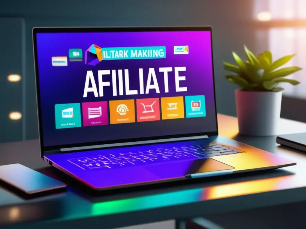 Estrategias de marketing de afiliados Estrategias de marketing de afiliados en imagen 8k ultradetallada con laptop futurista, pantalla vibrante y elementos de éxito