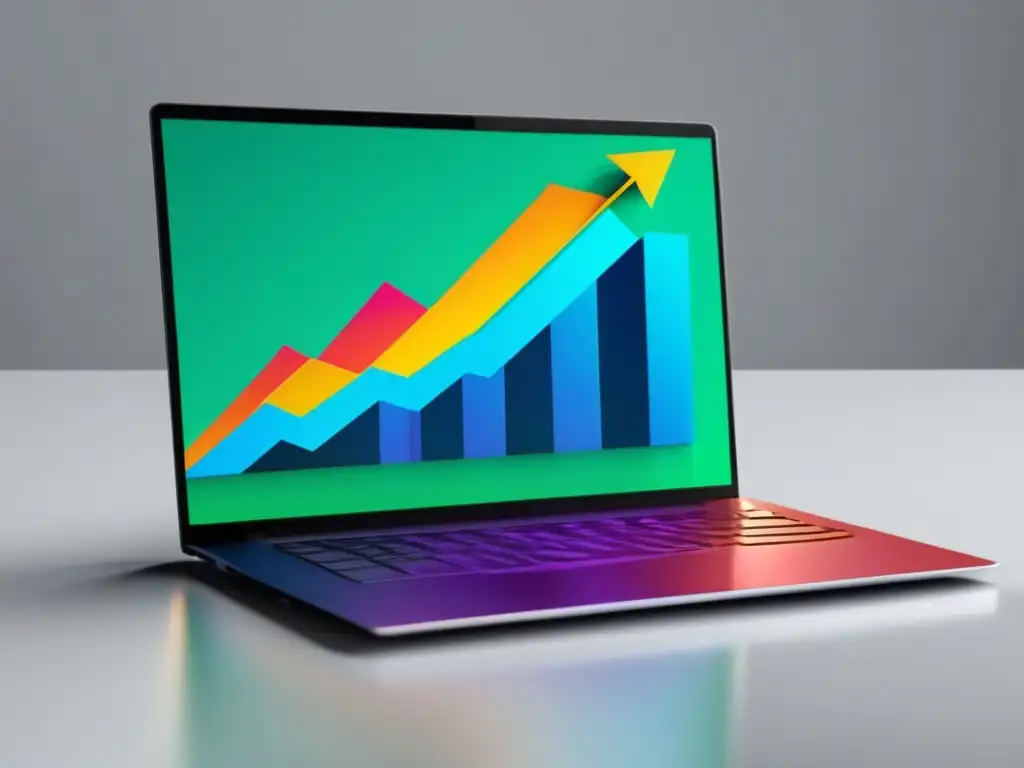 Laptop con pantalla vibrante mostrando gráfico de éxito en marketing afiliado, en un entorno minimalista y profesional