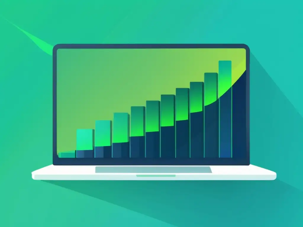 Éxito en marketing de afiliados Casos éxito marketing afiliados: gráfica laptop simboliza crecimiento incremental, colores profesionales y logros