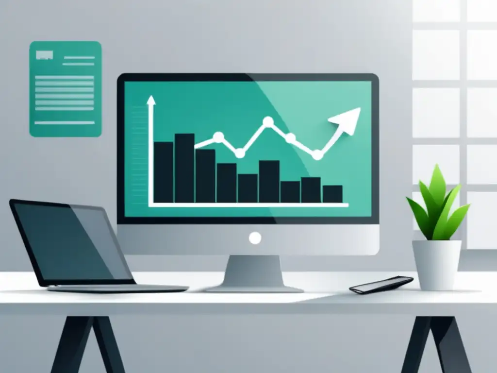 Éxito en marketing de afiliados - Éxito en el marketing de afiliados: ilustración minimalista y moderna de una oficina con una laptop mostrando gráfica de crecimiento
